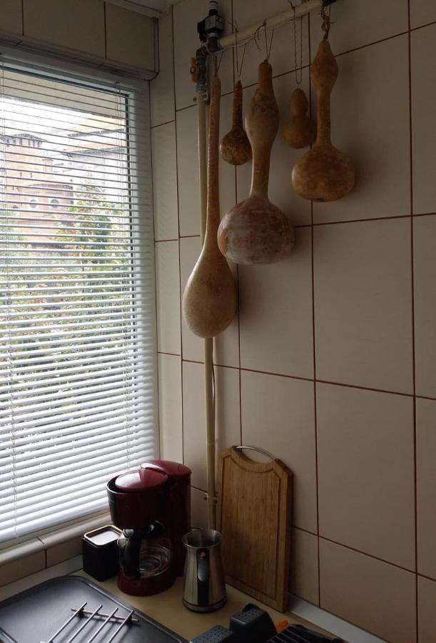 A kitchen corner with hanging gourds