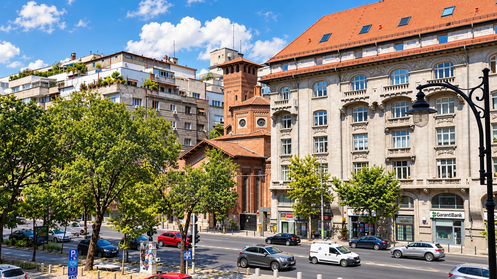 The view from the apartment over Nicolae Bălcescu Boulevard and the Italian Church